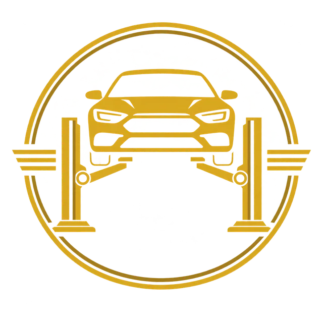 Auto Autos — emblema dorado de un coche en un elevador de taller